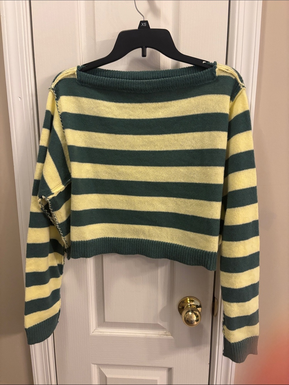 Double Zero Cropped Off-Shoulder Stripe Sweater in Yellow & Green